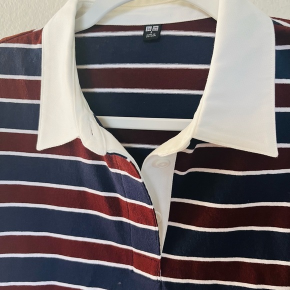 Uniqlo Navy and Burgundy Striped Polo Top with White Collar - Picture 2 of 7